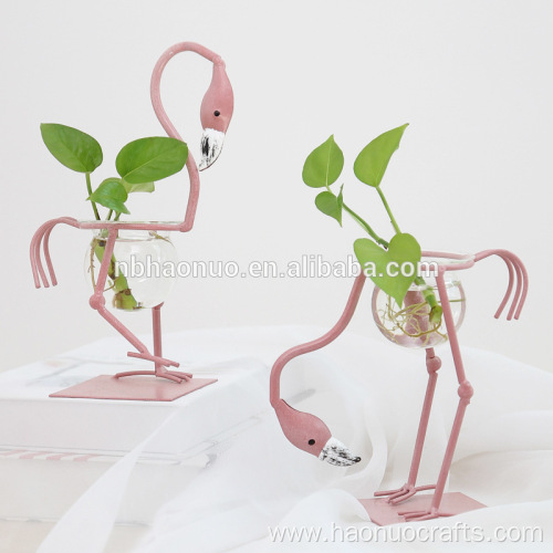 Table Decor Metal Pink Flamingo Glass Planter Pot